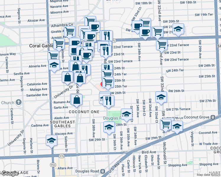 map of restaurants, bars, coffee shops, grocery stores, and more near 3631 Southwest 26th Street in Miami