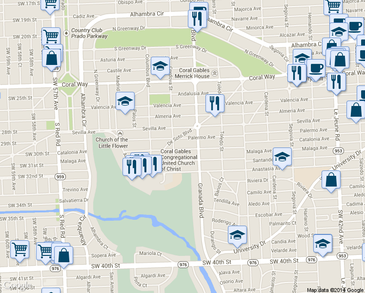 map of restaurants, bars, coffee shops, grocery stores, and more near 1014 Catalonia Avenue in Coral Gables