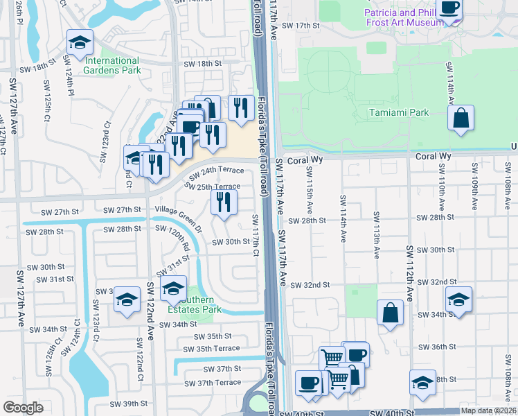 map of restaurants, bars, coffee shops, grocery stores, and more near 2721 Southwest 117th Court in Miami