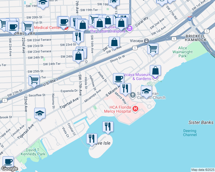 map of restaurants, bars, coffee shops, grocery stores, and more near 3666 South Miami Avenue in Miami