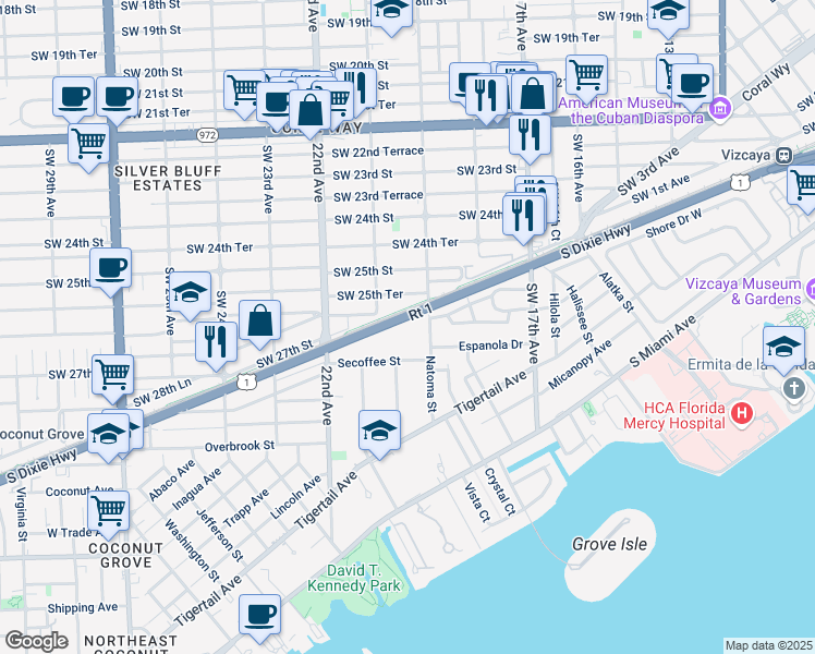 map of restaurants, bars, coffee shops, grocery stores, and more near 2680 Southwest 19th Avenue in Miami