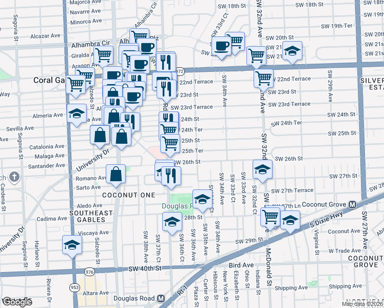 map of restaurants, bars, coffee shops, grocery stores, and more near 3631 Southwest 26th Street in Miami