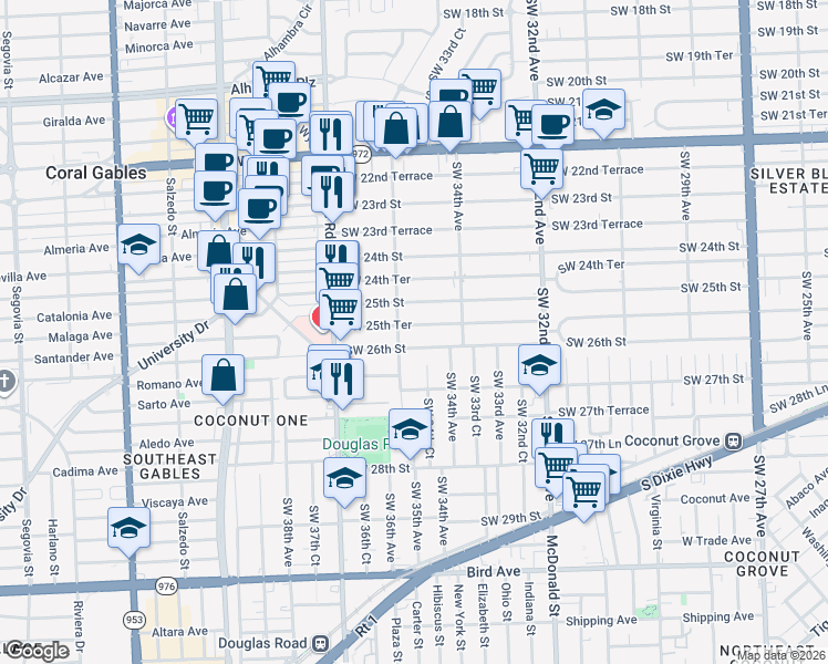 map of restaurants, bars, coffee shops, grocery stores, and more near 3534 Southwest 25th Terrace in Miami