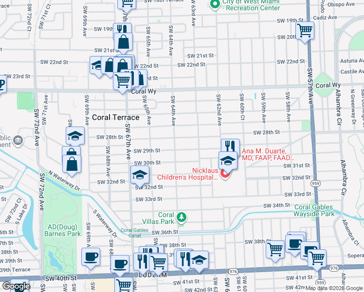 map of restaurants, bars, coffee shops, grocery stores, and more near 6330 Southwest 29th Street in Miami