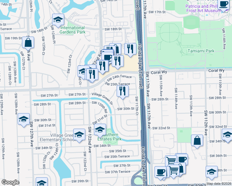 map of restaurants, bars, coffee shops, grocery stores, and more near 2701 Southwest 118th Court in Miami