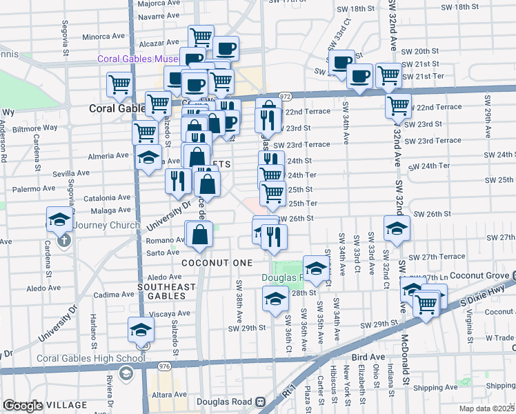map of restaurants, bars, coffee shops, grocery stores, and more near 3100 Southwest 37th Avenue in Miami