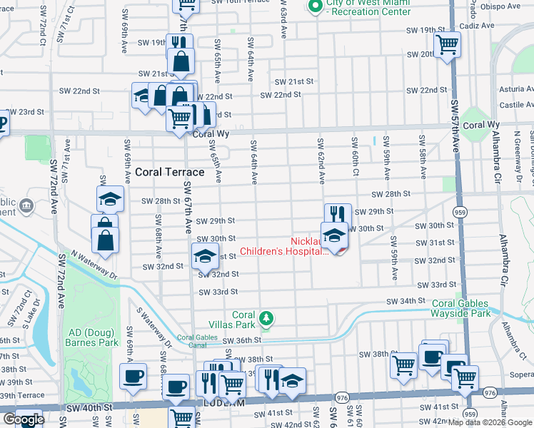 map of restaurants, bars, coffee shops, grocery stores, and more near 6330 Southwest 29th Street in Miami