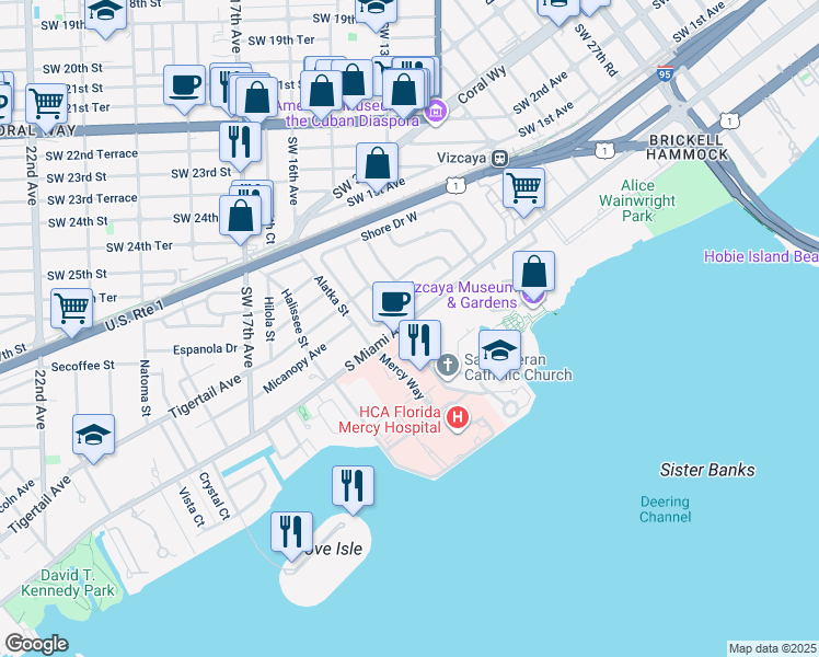 map of restaurants, bars, coffee shops, grocery stores, and more near 3601 South Miami Avenue in Miami