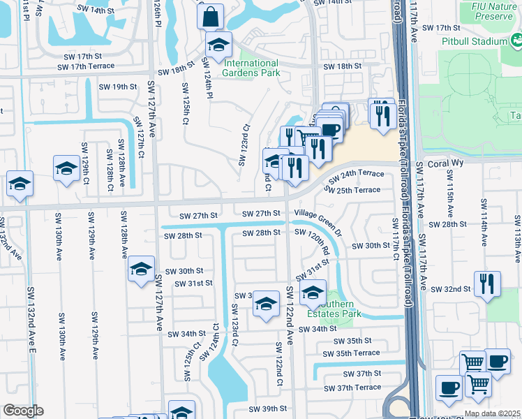 map of restaurants, bars, coffee shops, grocery stores, and more near 12284 Southwest 27th Street in Miami