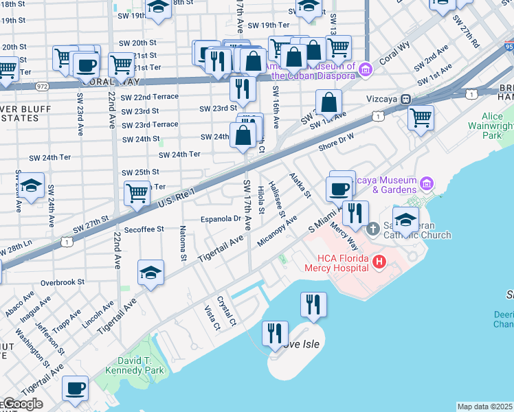 map of restaurants, bars, coffee shops, grocery stores, and more near 2711 Southwest 17th Avenue in Miami