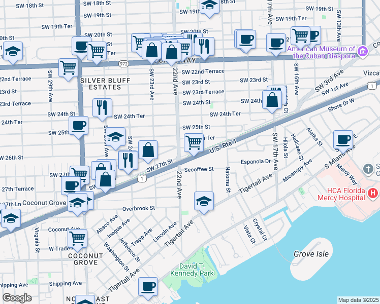 map of restaurants, bars, coffee shops, grocery stores, and more near 2150 South Dixie Highway in Miami