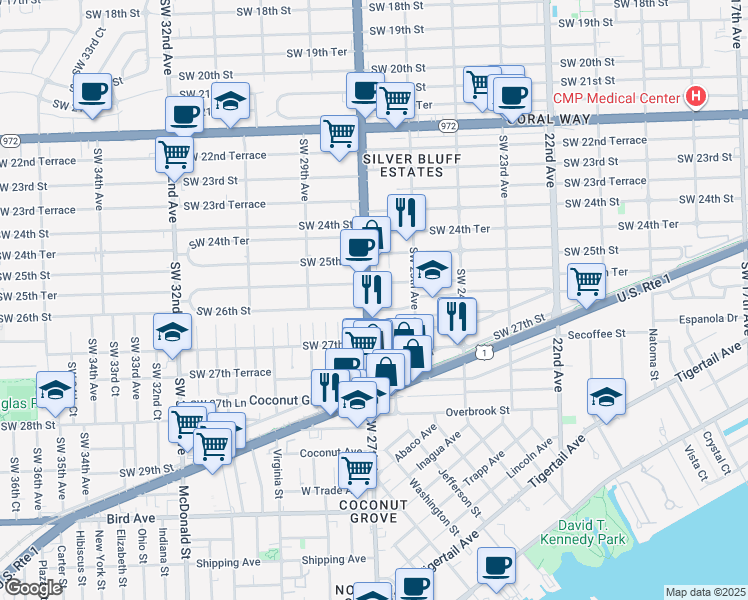 map of restaurants, bars, coffee shops, grocery stores, and more near 2635 Southwest 27th Avenue in Miami