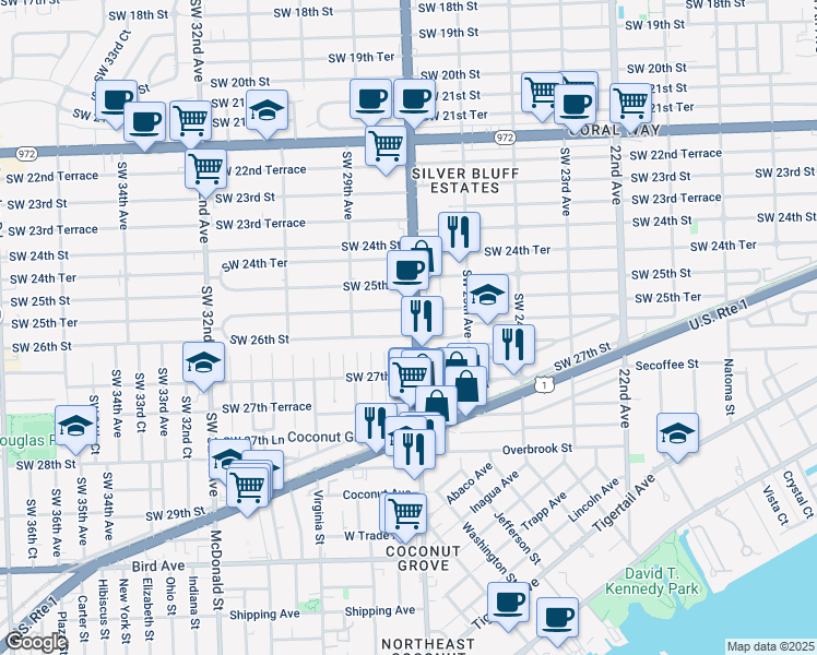 map of restaurants, bars, coffee shops, grocery stores, and more near 2635 Southwest 27th Avenue in Miami