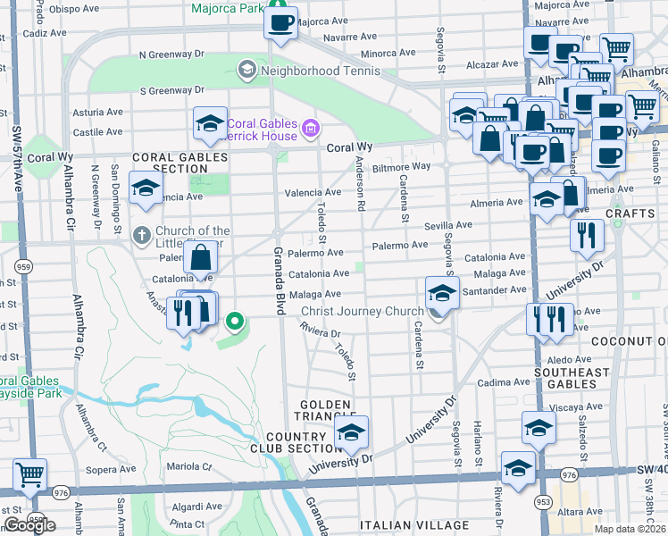 map of restaurants, bars, coffee shops, grocery stores, and more near 3025 Toledo Street in Coral Gables