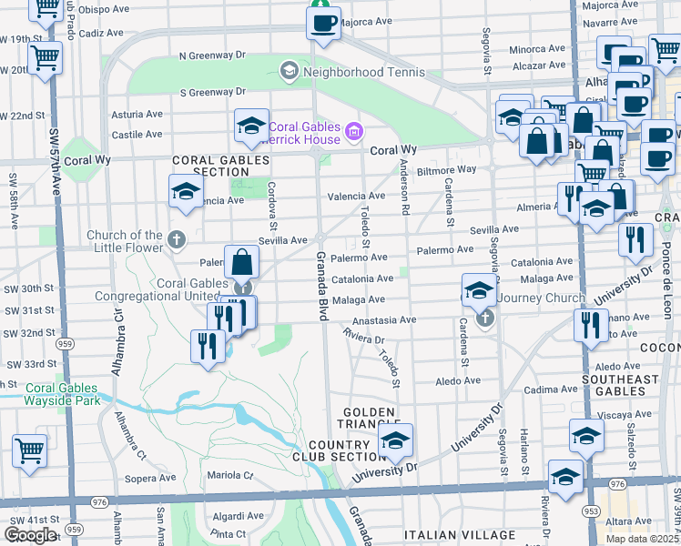 map of restaurants, bars, coffee shops, grocery stores, and more near 940 Catalonia Avenue in Coral Gables