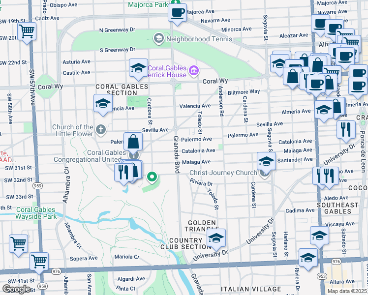 map of restaurants, bars, coffee shops, grocery stores, and more near 940 Catalonia Avenue in Coral Gables