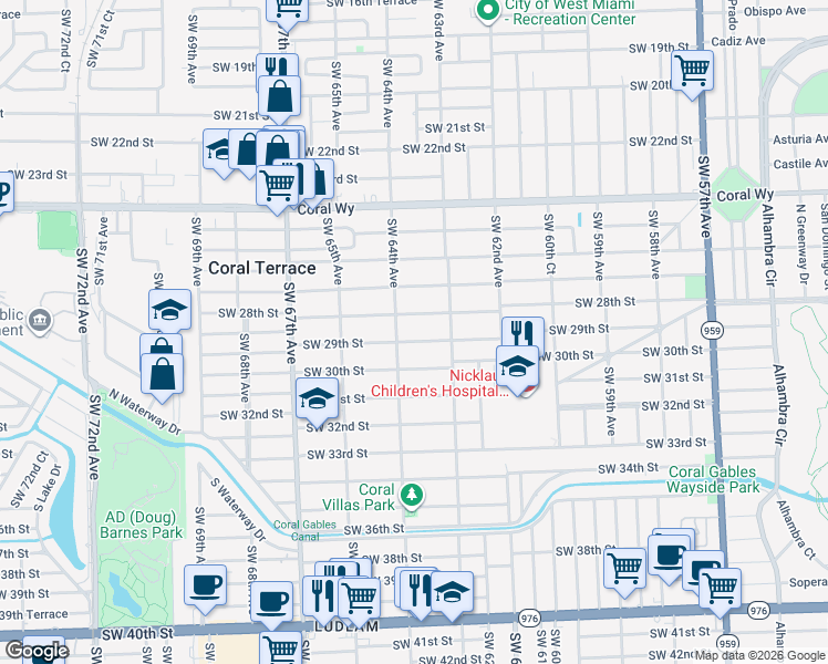 map of restaurants, bars, coffee shops, grocery stores, and more near 6330 Southwest 29th Street in Miami