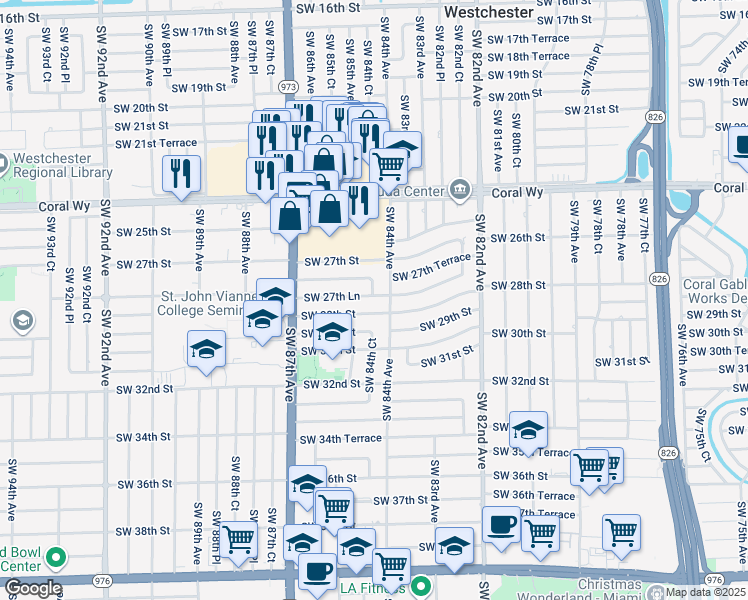 map of restaurants, bars, coffee shops, grocery stores, and more near 8430 Southwest 28th Street in Miami