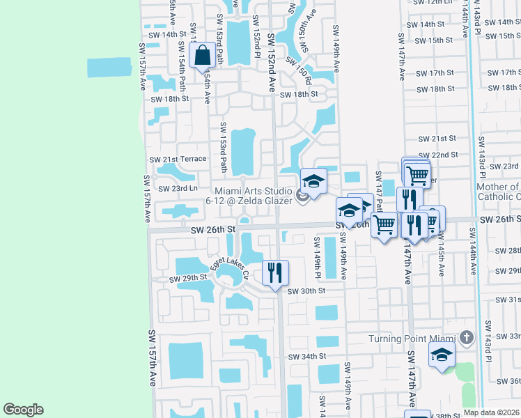 map of restaurants, bars, coffee shops, grocery stores, and more near 15256 Southwest 25th Terrace in Miami