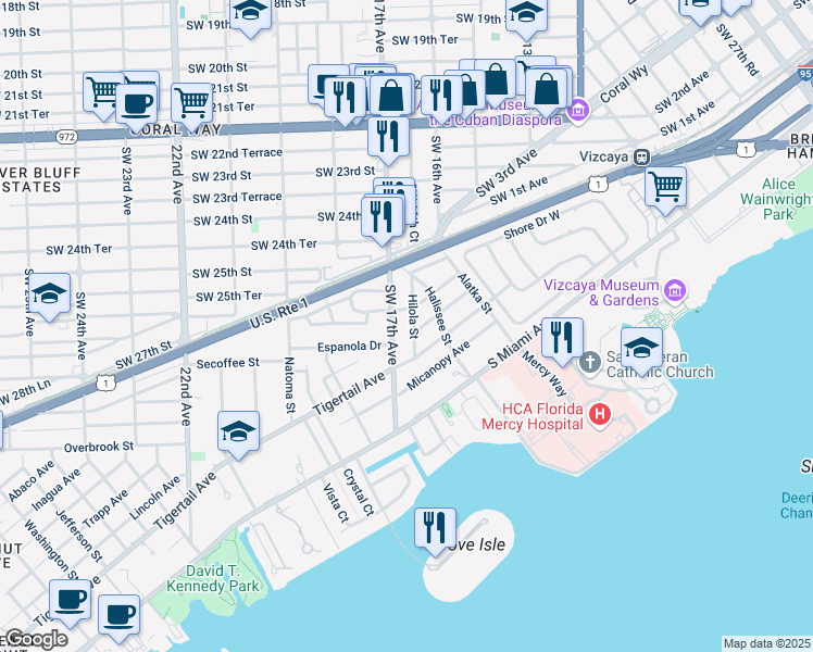 map of restaurants, bars, coffee shops, grocery stores, and more near 2711 Southwest 17th Avenue in Miami