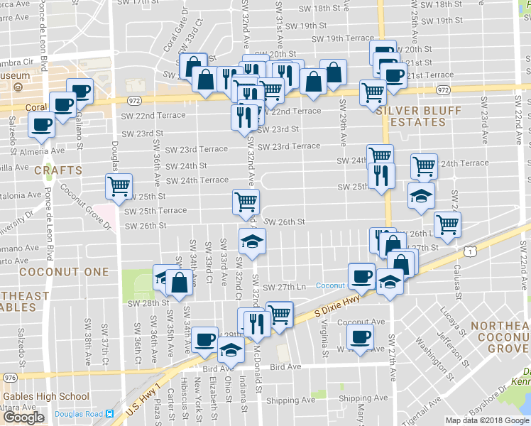 map of restaurants, bars, coffee shops, grocery stores, and more near 3192 Southwest 25th Terrace in Miami