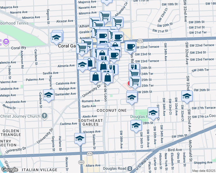 map of restaurants, bars, coffee shops, grocery stores, and more near 119 Malaga Avenue in Coral Gables