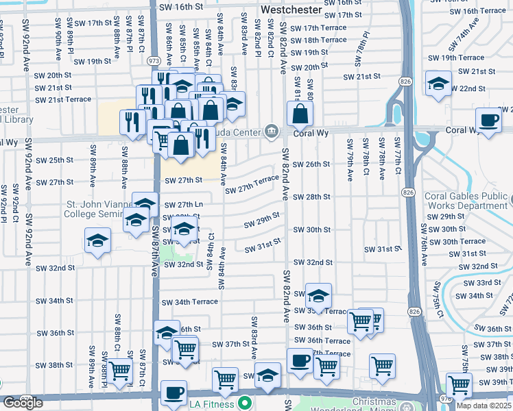 map of restaurants, bars, coffee shops, grocery stores, and more near 8281 Southwest 27th Lane in Miami