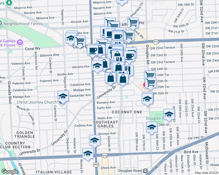 map of restaurants, bars, coffee shops, grocery stores, and more near 3000 Salzedo Street in Coral Gables
