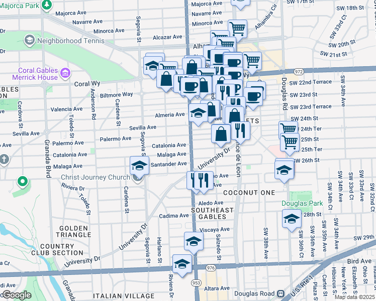 map of restaurants, bars, coffee shops, grocery stores, and more near 423 Catalonia Avenue in Coral Gables