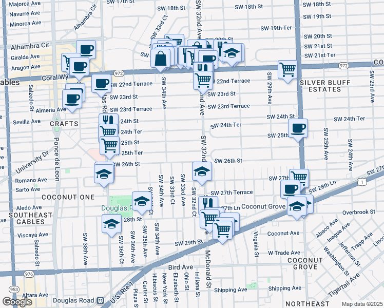 map of restaurants, bars, coffee shops, grocery stores, and more near 3240 Southwest 25th Street in Miami