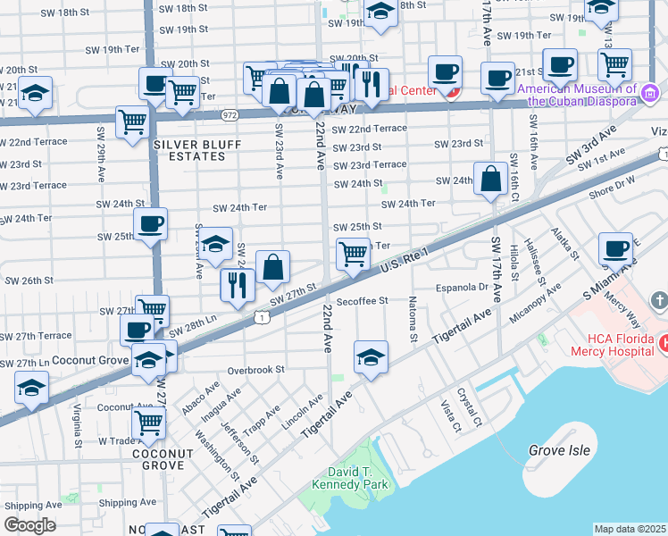 map of restaurants, bars, coffee shops, grocery stores, and more near 2154 Southwest 25th Terrace in Miami
