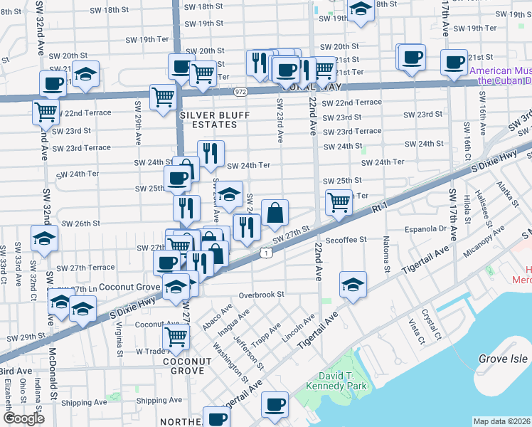 map of restaurants, bars, coffee shops, grocery stores, and more near 2394 Southwest 25th Terrace in Miami