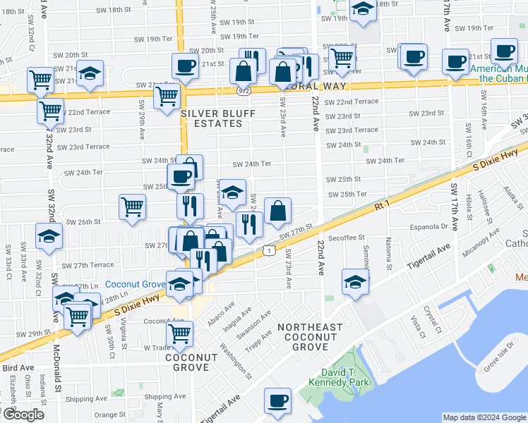 map of restaurants, bars, coffee shops, grocery stores, and more near 2394 Southwest 25th Terrace in Miami
