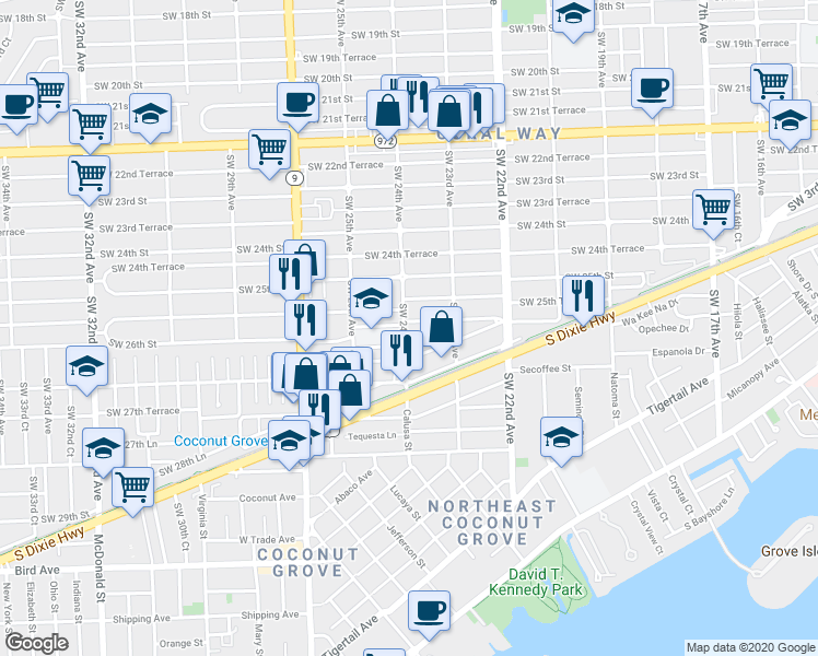 map of restaurants, bars, coffee shops, grocery stores, and more near 2394 Southwest 25th Terrace in Miami