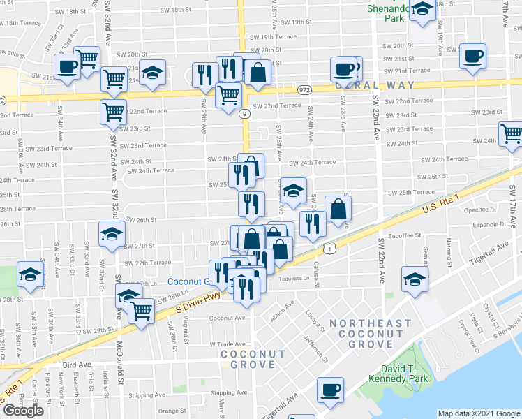 map of restaurants, bars, coffee shops, grocery stores, and more near 2521-2523 Southwest 25th Terrace in Miami