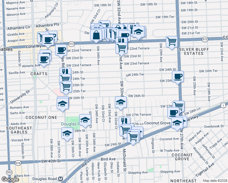 map of restaurants, bars, coffee shops, grocery stores, and more near 3240 Southwest 25th Street in Miami