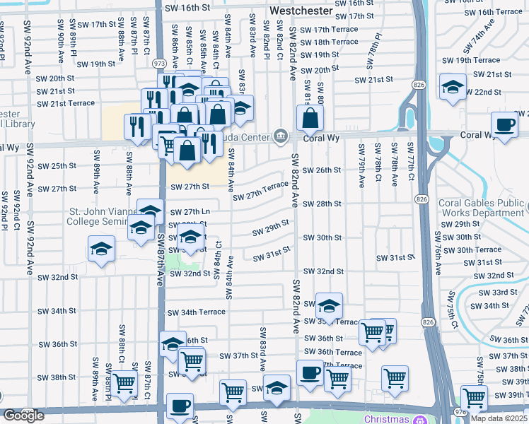 map of restaurants, bars, coffee shops, grocery stores, and more near 8281 Southwest 27th Lane in Miami