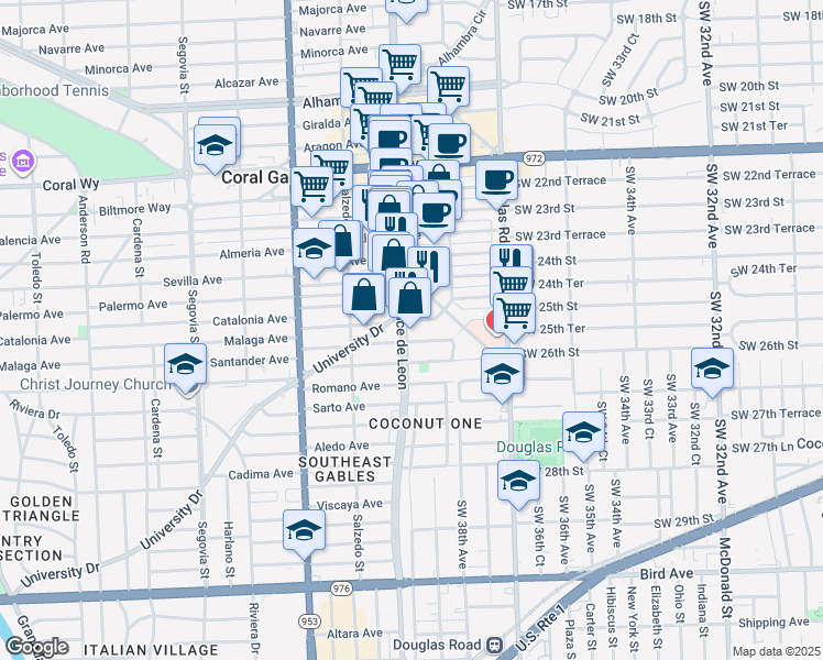map of restaurants, bars, coffee shops, grocery stores, and more near 119 Malaga Avenue in Coral Gables