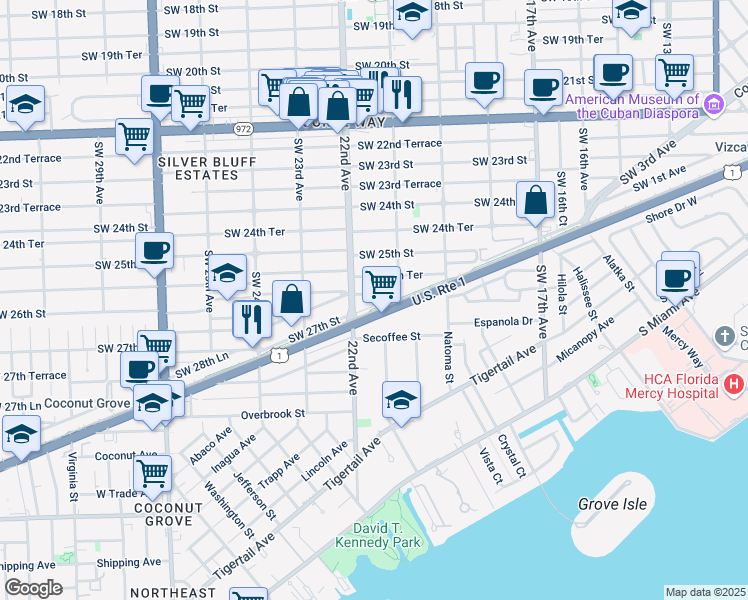 map of restaurants, bars, coffee shops, grocery stores, and more near 2154 Southwest 25th Terrace in Miami