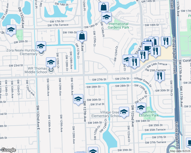 map of restaurants, bars, coffee shops, grocery stores, and more near 2524 Southwest 125th Court in Miami