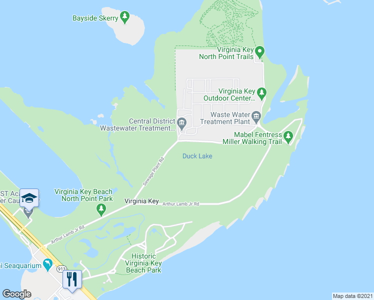 map of restaurants, bars, coffee shops, grocery stores, and more near 3965 Rickenbacker Causeway in Miami