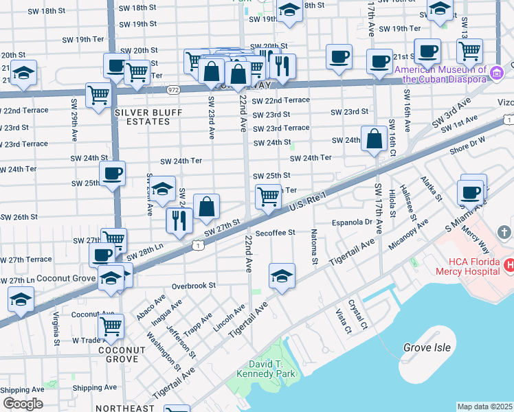 map of restaurants, bars, coffee shops, grocery stores, and more near 2154 Southwest 25th Terrace in Miami