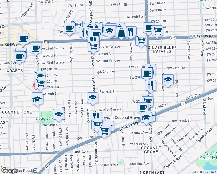map of restaurants, bars, coffee shops, grocery stores, and more near 3129 Southwest 25th Terrace in Miami