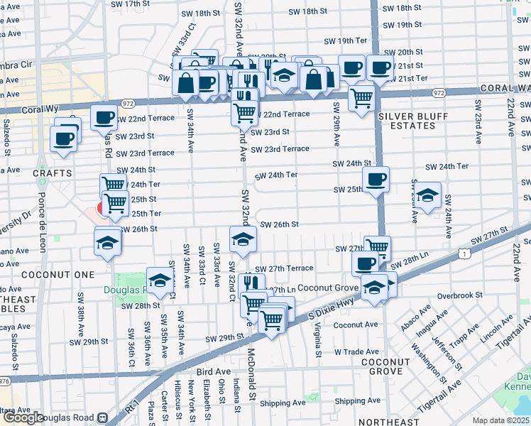 map of restaurants, bars, coffee shops, grocery stores, and more near 3183 Southwest 25th Terrace in Miami