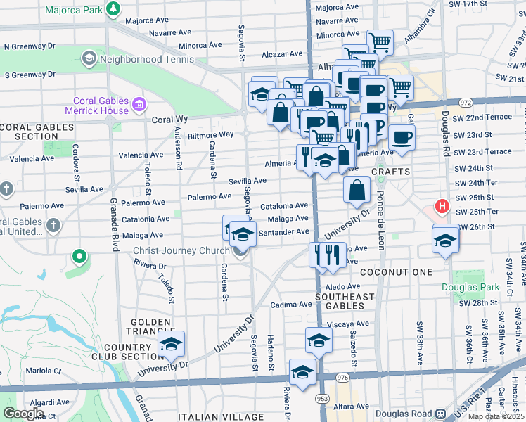 map of restaurants, bars, coffee shops, grocery stores, and more near 510 Palermo Avenue in Coral Gables