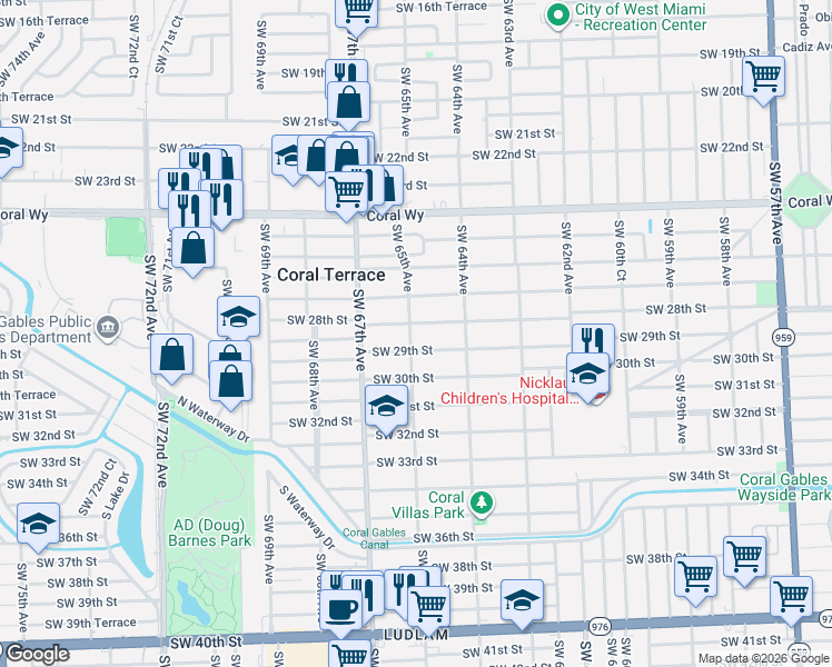 map of restaurants, bars, coffee shops, grocery stores, and more near 2765 Southwest 65th Avenue in Miami