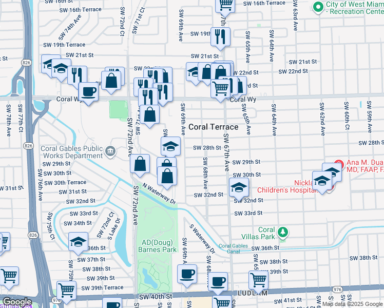 map of restaurants, bars, coffee shops, grocery stores, and more near 2720 Southwest 69th Avenue in Miami