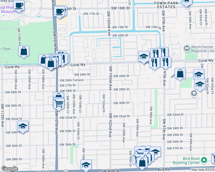 map of restaurants, bars, coffee shops, grocery stores, and more near 10140 Southwest 26th Terrace in Miami