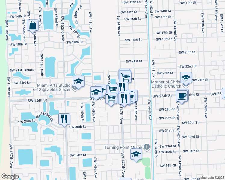 map of restaurants, bars, coffee shops, grocery stores, and more near 14729 Southwest 25th Lane in Miami