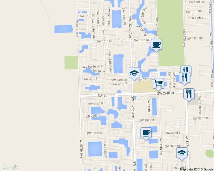 map of restaurants, bars, coffee shops, grocery stores, and more near 15343 Southwest 24th Street in Miami